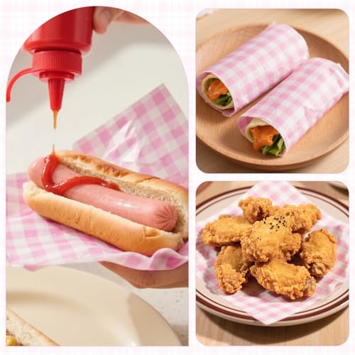 Pink Checkered Waxed Deli Paper Sheets 7x7in for Sandwiches & Burgers - 100pcs Neyimqr