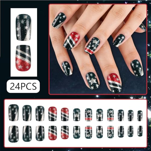 WAFOLOZE 4th of July Press On Nails Medium Square American Flag Glitter Fake Nails