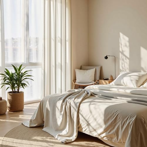 NICETOWN Stripe Linen Curtains 52 x 84 Inch Long for Living Room - Taupe & White Classic Grommet Rustic Drapes, Light Filtering Window Covering for Patio Glass French Door, 1 Pair