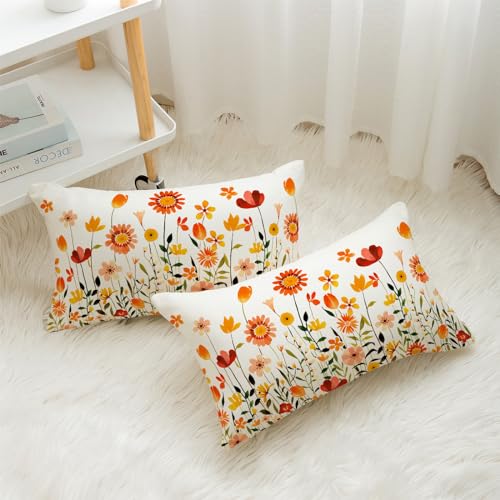 Fall Flowers Lumbar Throw Pillow Covers 12x20 Inch - Set of 2 Farmhouse