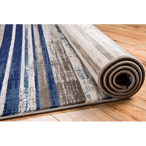 Well Woven Amba Signature Modern Distressed Geo Stripes Blue Area Rug 3'11" x 5'3"