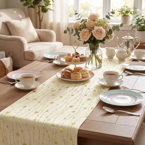 Beige Burlap Table Runner 12x108 Inch with Gold Stars & Glitter Finish