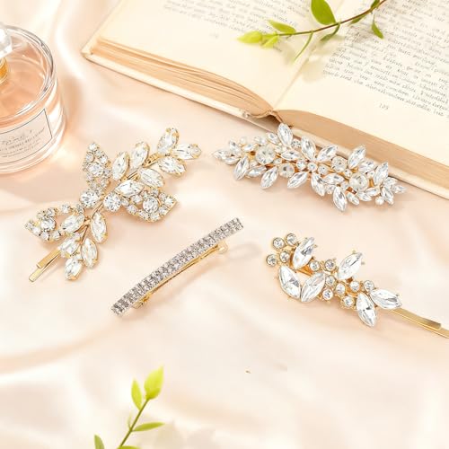 CYUXING 4Pcs Gold Rhinestone Hair Clips for Bride Wedding Hairpins