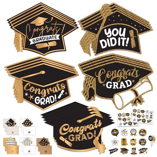 Graduation Card Set 20 Pack | 6.5x4.5in with Gold Foil & Glitter Designs