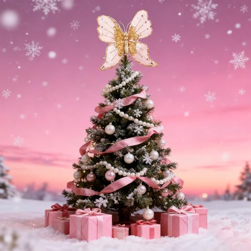 Pink Glitter Butterfly Christmas Ornament with Clip