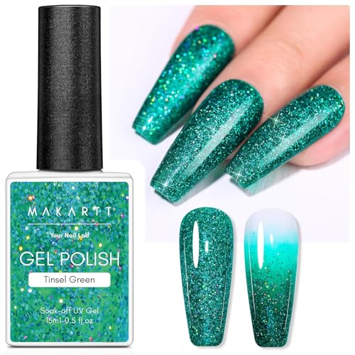 Makartt Christmas Green Glitter Gel Polish 15ml Sparkly Tinsel Shimmer UV Soak Off
