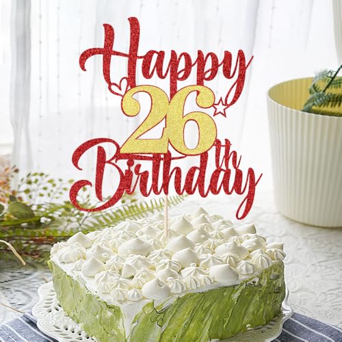 Happy 26th Birthday Cake Topper - Red Gold Glitter Decoration