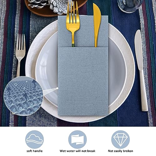 150 Dusty Blue Linen-Like Disposable Napkins for Weddings & Events - Pre Folded with Pocket