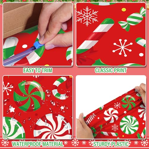 Christmas Candy Cane Plastic Tablecloth Roll - Red & Green, 4.5x100 ft, Disposable Holiday Party Decor