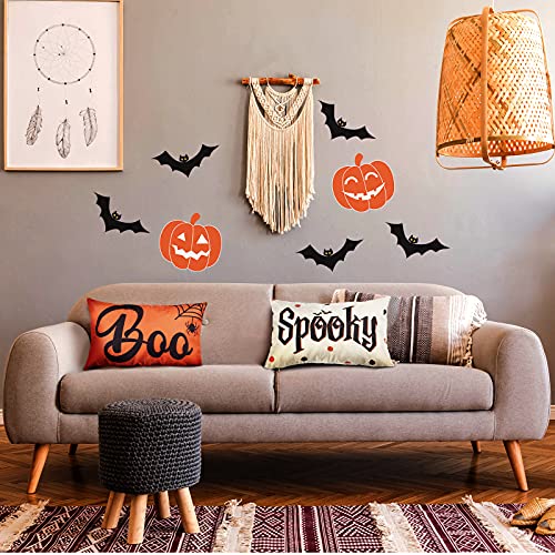 Halloween Pillow Covers Set - Spooky Boo Letter & Web Design, Linen Sofa Cushions, 20x12 Inches