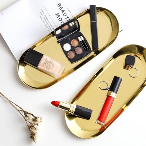 CeroDimo 2-Piece Gold Stainless Steel Oval Vanity Tray Jewelry Dish