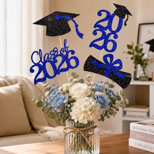 2026 Graduation Table Decorations - 16Pcs Blue Glitter Centerpieces