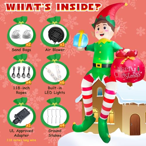 10FT Sitting Elf Inflatable Christmas Yard Decoration with LED Lights - Buddy the Elf with Gift Bag