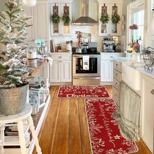 DIYDEC Christmas Kitchen Rugs Set of 2 - Red Holiday Mat Decor