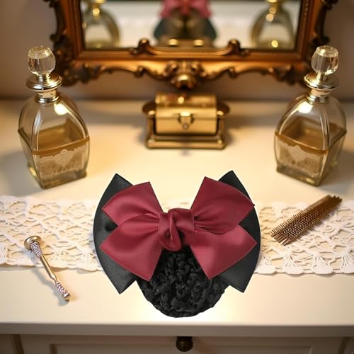 Wine Red Hair Snood Net Bowknot Barrette Elastic Mesh Bun Cover
