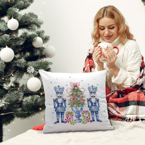 Nutcracker Pink Bows Christmas Pillow Cover 18x18 - Coquette Bows Tree Throw Pillowcase, Chinoiserie Decor, Flannel