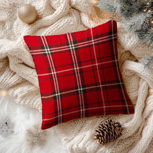 HOMETITUTE Set of 2 Christmas Rustic Plaid Throw Pillow Covers 18x18 Inch - Variation #04