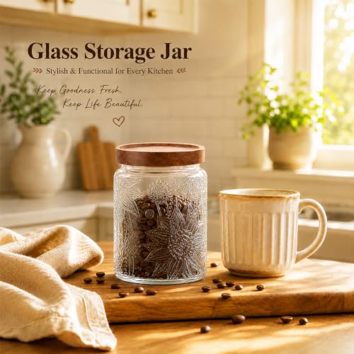 Custde 23.7 oz Vintage Sunflower Glass Jar with Airtight Wooden Lid