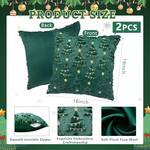Green Christmas Pillow Covers 18x18 inch Set of 2 - Soft Plush Decor