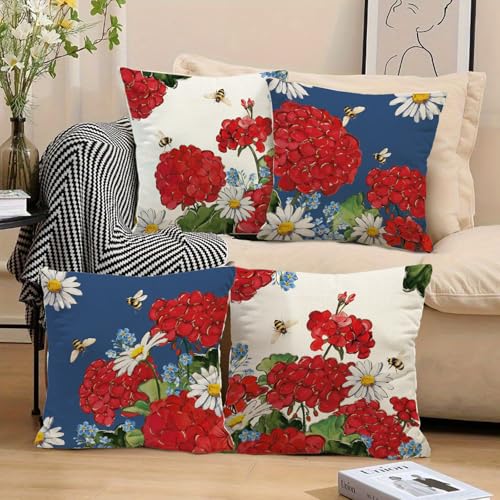 Spring Summer Red Geranium Throw Pillow Covers 18" x 18" (Set of 4)