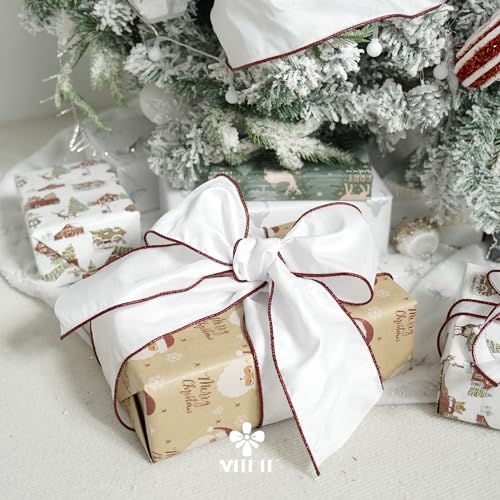 White & Red Edge Faux Dupioni Silk Wired Ribbon 4 Inch x 10 Yards - Christmas & Gift Wrap