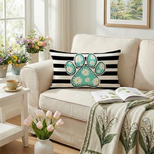 Spring Paw Print Pillow Cover 12x20 Inch - Daisy Decor