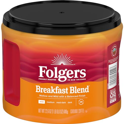 Folgers Breakfast Blend Ground Coffee, Smooth & Mild Coffee, 22.6 Ounce Canister