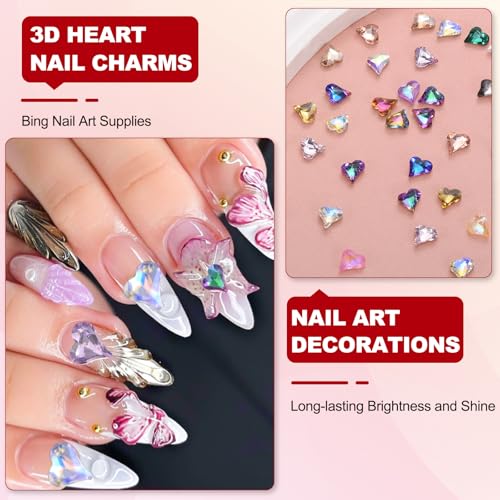 MECCANIXITY 30 Pcs 3D Heart Nail Charms 12x13mm Purple Crystal Rhinestones