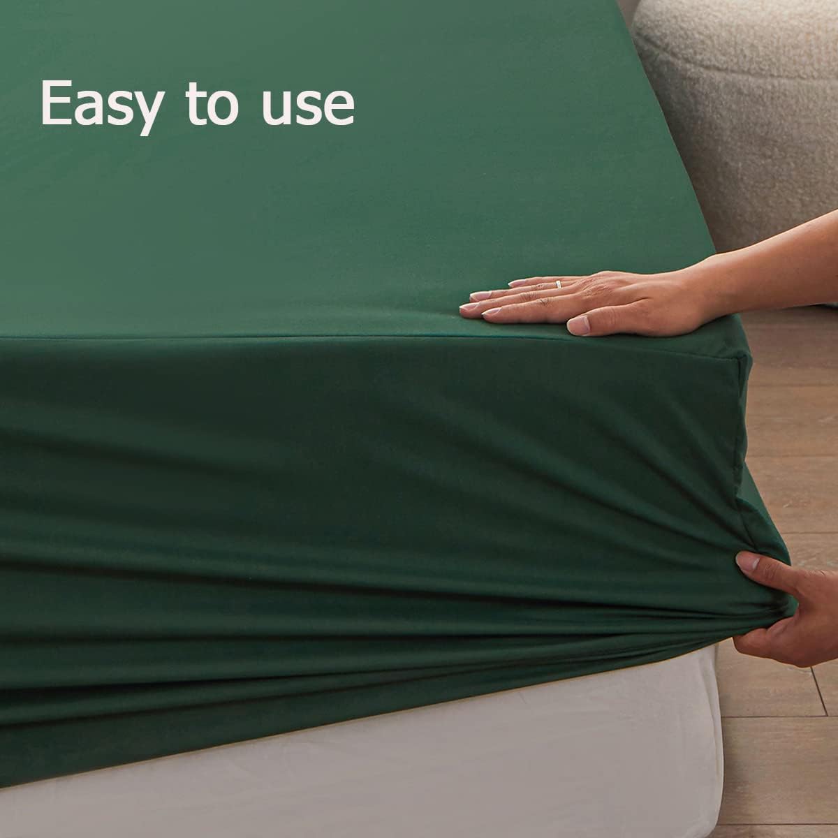 Skiennix Queen Size Fitted Sheet - Soft Microfiber, 15-Inch Deep Pocket, Dark Green, Fade Resistant