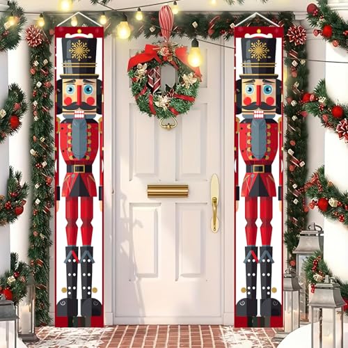Outdoor Christmas Nutcracker Banner for Porch - Wide Soldier Style 30x71 Inch Red & Black Holiday Door Decor