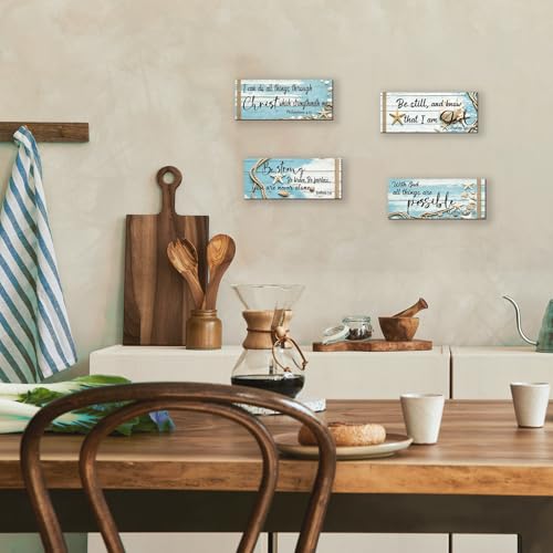 4-Piece Ocean Bible Verse Wall Decor, Rustic Farmhouse Wooden Signs 10x4"