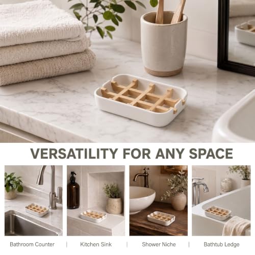 Bamboo Soap Holder with Removable Drainage Rack - White
