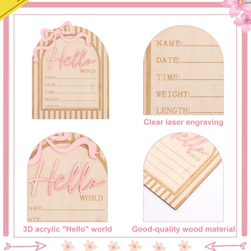 Hello World Newborn Announcement Sign with Pink Bow - Wooden Baby Keepsake