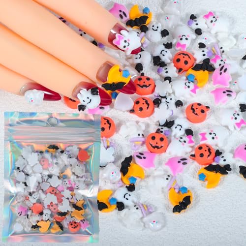 90 Pcs Halloween Resin Nail Charms 3D Pumpkin Ghost Bat Gothic Gems