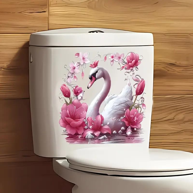 Floral Swan Toilet Lid Decal - Waterproof Self-Adhesive Bathroom Sticker
