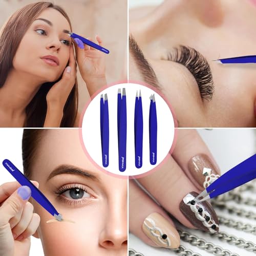 PromaxCare Professional Stainless Steel Tweezers Set - 4-Piece Navy Blue