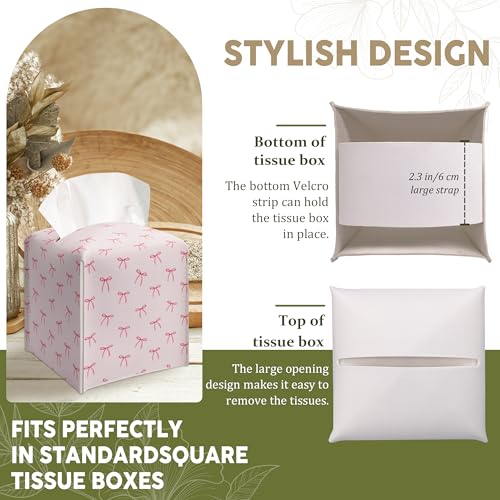 Pink Ribbon Bow Square Tissue Box Cover - Preppy Decorative Leather Holder