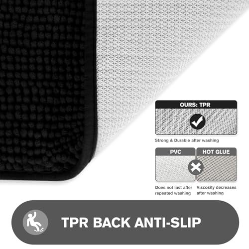 Washable Black Bathroom Rug 12"x18" - Soft Chenille Non-Slip Mat