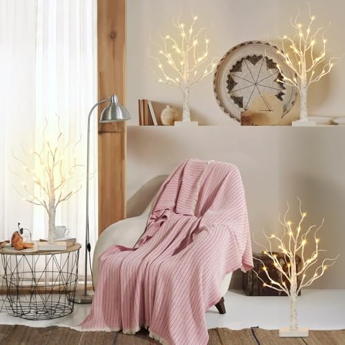 Lighted Birch Tree Decor - 22 Inch White Tabletop Tree with Timer & Battery Powered