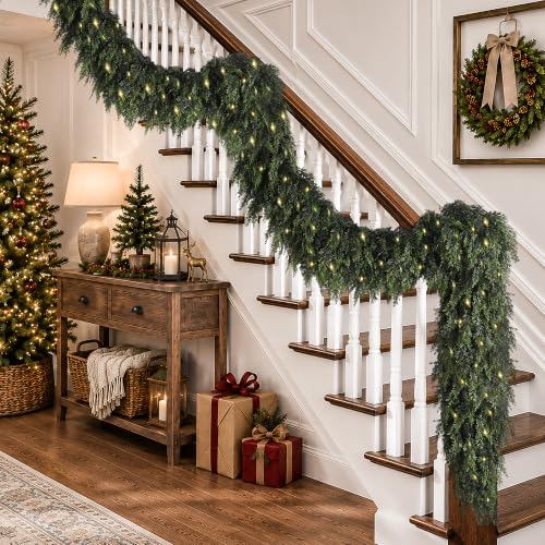15FT Real Touch Cedar Christmas Garland with Separate String Lights - Green Moon