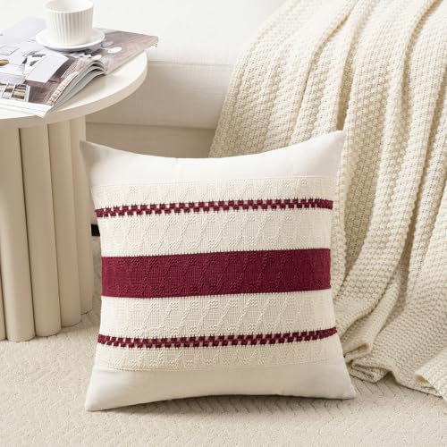 26x26 Inch Set of 2 Burgundy Boho Decorative Throw Pillow Covers - Cotton & Textured Cushion Cases