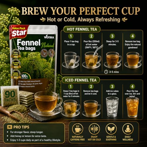 WOTIHA Organic Fennel Tea Bags 90 Count - Natural Herbal Digestive Support, Caffeine-Free & Vegan
