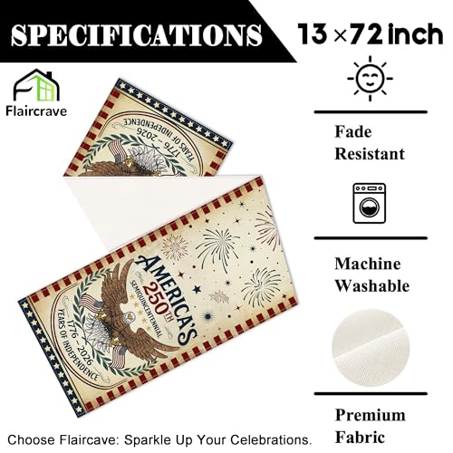 Flaircave 13x72 Inch USA Table Runner - Patriotic 4th of July Decor