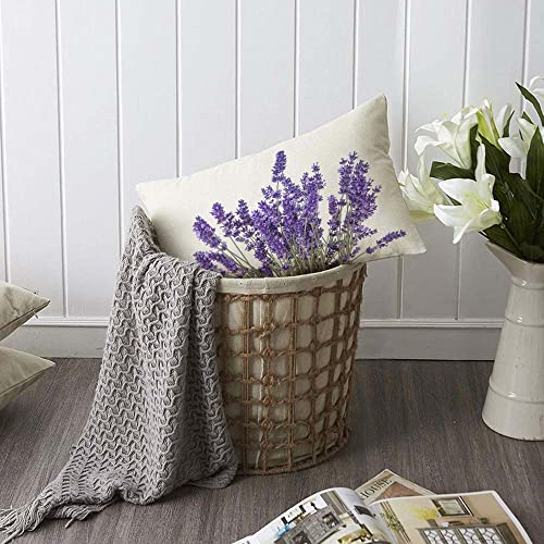 Lavender Flowers Throw Pillow Case - 12x20 Inch Faux Linen Cushion Cover