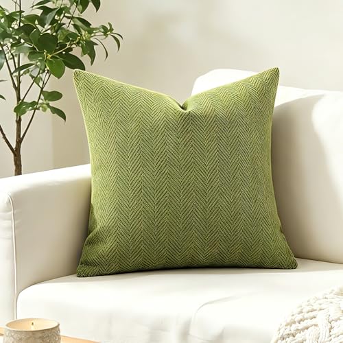 Olive Green Chenille Throw Pillow Cushion Covers - Set of 2