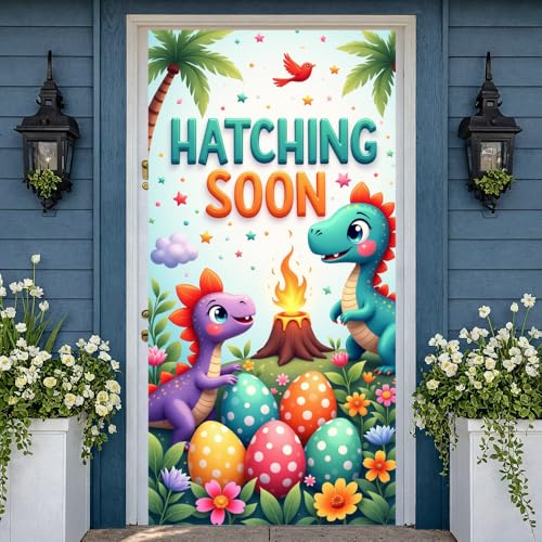 Cute Dinosaur Hatching Soon Door Cover - Baby Shower Decoration 35x71in