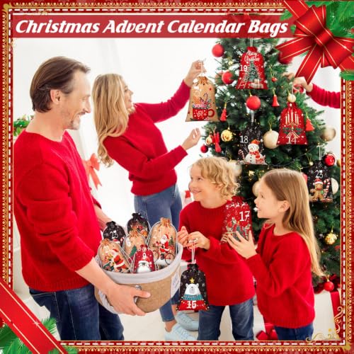 24 Pcs Reusable Christmas Advent Calendar Number Bags with Rope & Clips - Classic