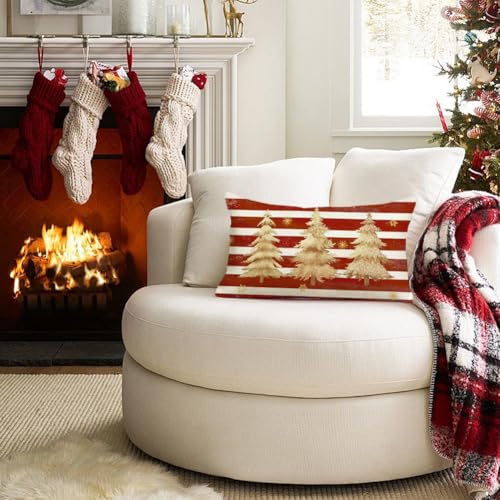 Christmas Pillow Covers 12x20 Inch - Red Tree Snowflake Holiday Cushion Case