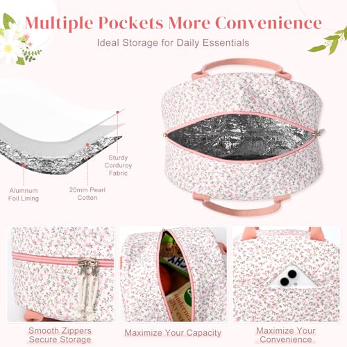 Aileam Quilted Insulated Lunch Bag - Floral Cotton Tote for Work & Travel