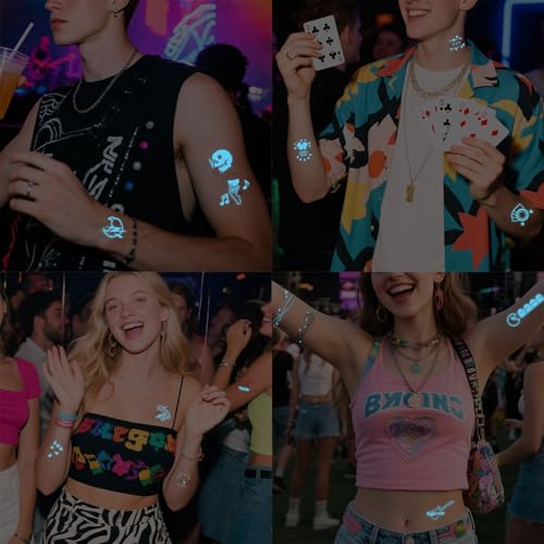 Glow in the Dark Temporary Tattoos - 56 Blue Designs, 10 Sheets
